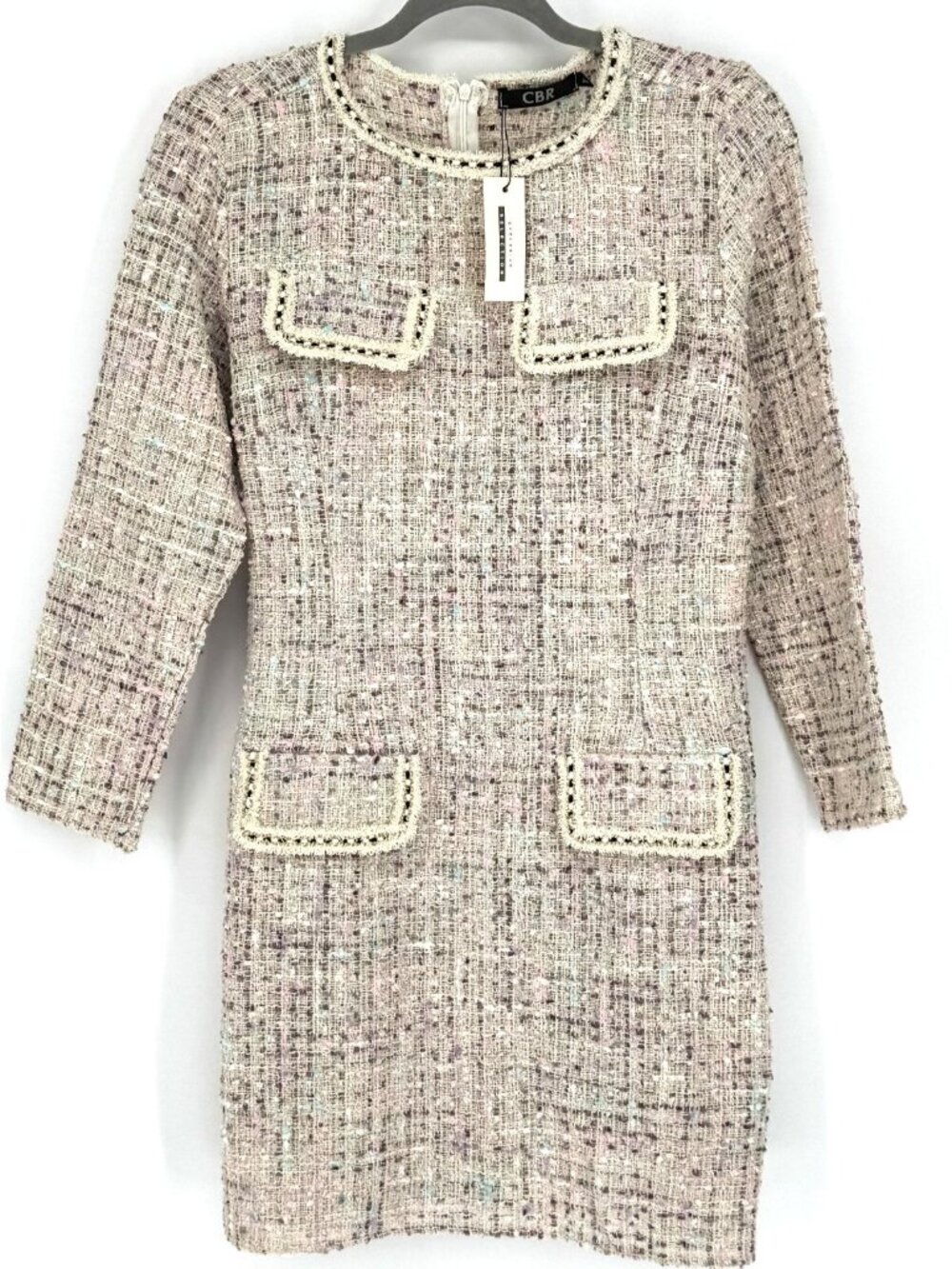 CBR Chic Boutique Tweed Dress Women’s XL Long Sleeve Textured Cream Multi Pocket